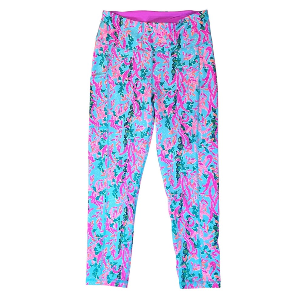 Lilly Pulitzer Luxletic Weekender High Rise Leggings Seaweed Samba Pink Green M - Picture 2 of 8